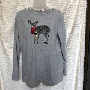 Talbots Heather Gray Reindeer Holiday Shirt